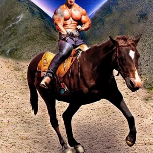 Prompt: dwayne the rock johnson riding a horse in space