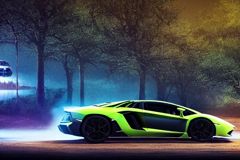 Prompt: a landscape photograph of a lamborghini aventador being chased by an alien spaceship through a vast serene landscape in a dystopian future, neon, river, trees, beautiful lighting, by lee madgwick