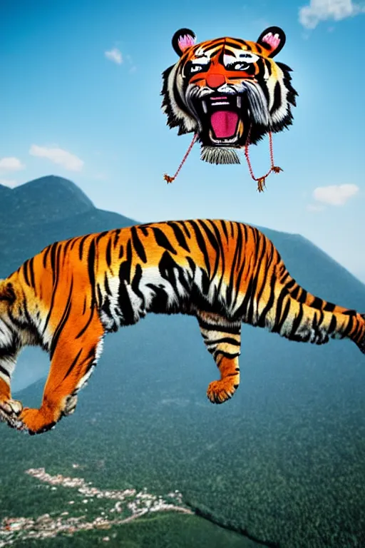 Image similar to realistic hairy tiger. the tiger is suspended by a large balloon parachute. the parachute is open. the tiger is is the middle of the air. the tiger is jumping from a mountain cliff. photo captured by a drone. wide angles lens. epic