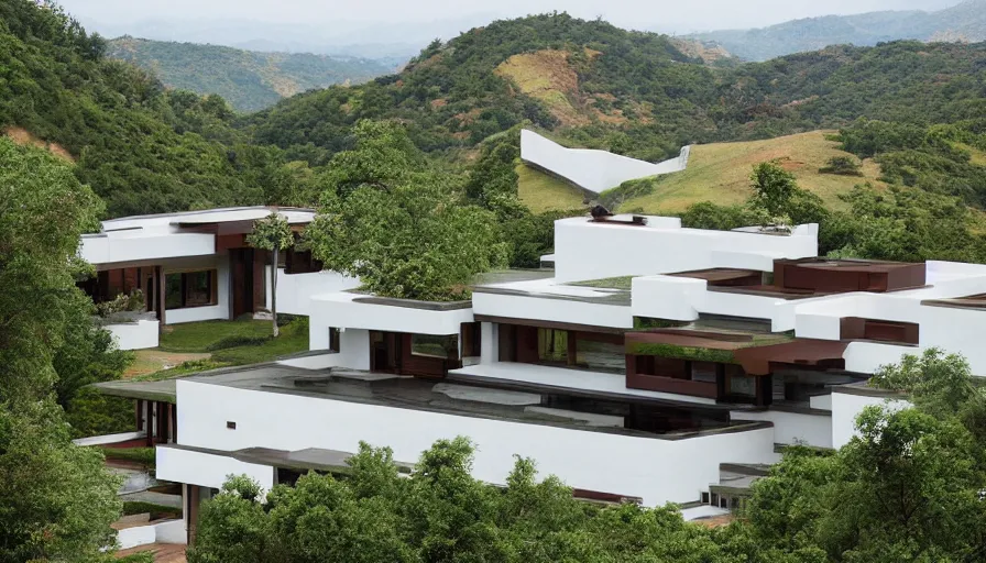 Prompt: villa inspired by tibetan architecture, on a green hill, overlooking a valley with trees, frank lloyd wright, zaha hadid, le corbeusier, photorealistic, birds eye view