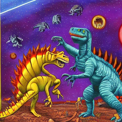 Image similar to painting of the extinction of the dinosaurs with asteroid and fire, in the style of alex grey