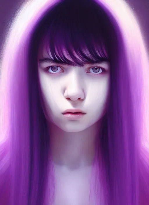 Image similar to hair whitebangs hair, black hair, whitebangs, portrait of teenage girl with white bangs, red irises, purple clothes, white bangs, bangs are different color from hair, intricate, elegant, glowing lights, highly detailed, digital painting, artstation, concept art, smooth, sharp focus, illustration, art by wlop, mars ravelo and greg rutkowski