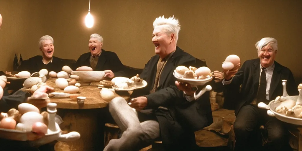 Prompt: film still of old men laughing!!!! sitting at a round table holding eggs and chickens in their hands, directed by david lynch, backlighting