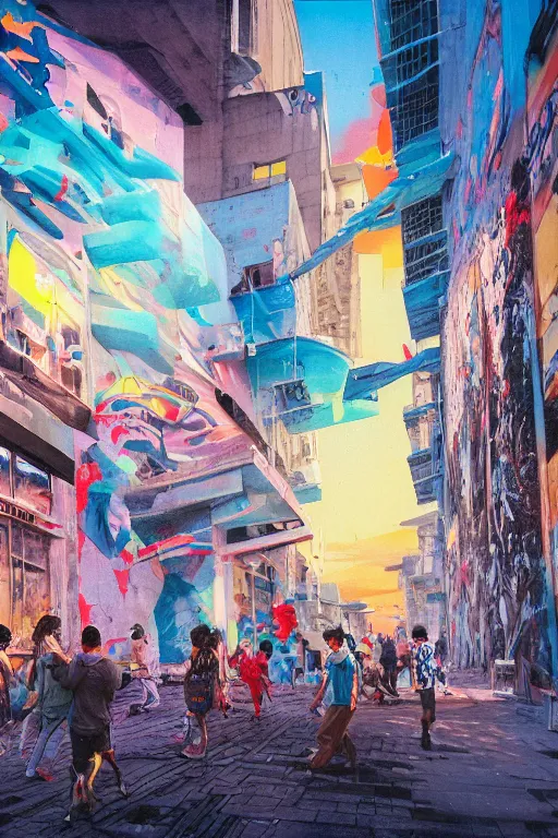 Prompt: people in a busy city people looking at a white building covered with a 3d graffiti mural with paint dripping down to the floor, professional illustration by hiroshi yoshida, painterly, yoshitaka Amano, artgerm, moebius, loish, painterly, and james jean, illustration, sunset lighting