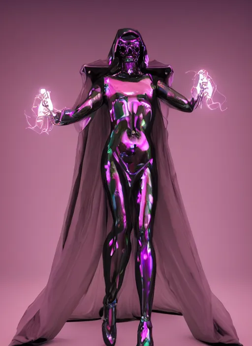 Image similar to photo of fullbodied baroque and bladerunner delicate neon diamond sculpture of seductive onyx albino marble prince zac stenmark dotado mint iridescent humanoid deity wearing black plastic trashbag hooded cloak holding hellfire skull in a onyx alien dungeon, reclining, glowing magenta face, crown of white diamonds, cinematic lighting, photorealistic, octane render 8 k depth of field 3 d