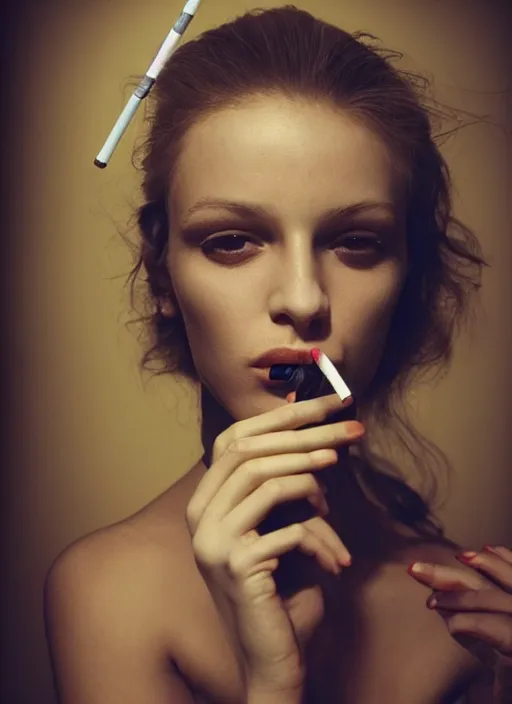 Image similar to instagram influencer girl model, smoking, dangling cigarette, posing in dramatic lighting, by paolo roversi, masterpiece