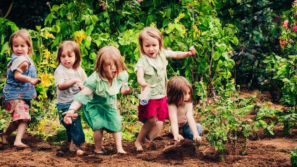 Prompt: a photo with amaro filter of 3 children playing in the garden.