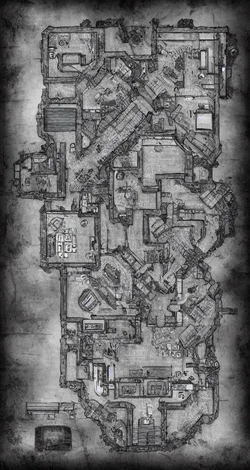 Prompt: a black and white call of duty map. d & d battlemap. small dungeon. a few large rooms. clean design. high definition etching with complex details.