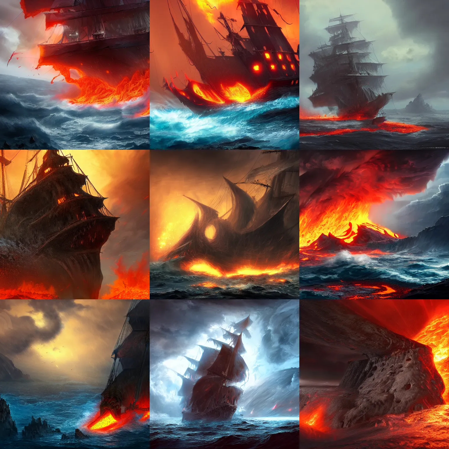 Prompt: a galleon in the middle of a cataclysm in a huge storm with rivers of lava, epic, fantasy, artstation, hd