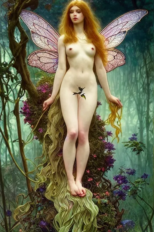 Image similar to full body fairy goddess!! plant metamorphosis, perfect face!!, fantasy, intricate, elegant, dramatic lighting, emotionally evoking symbolic metaphor, highly detailed, photorealistic, artstation, concept art, smooth, sharp focus, art by john collier and albert aublet and krenz cushart and artem demura and alphonse mucha