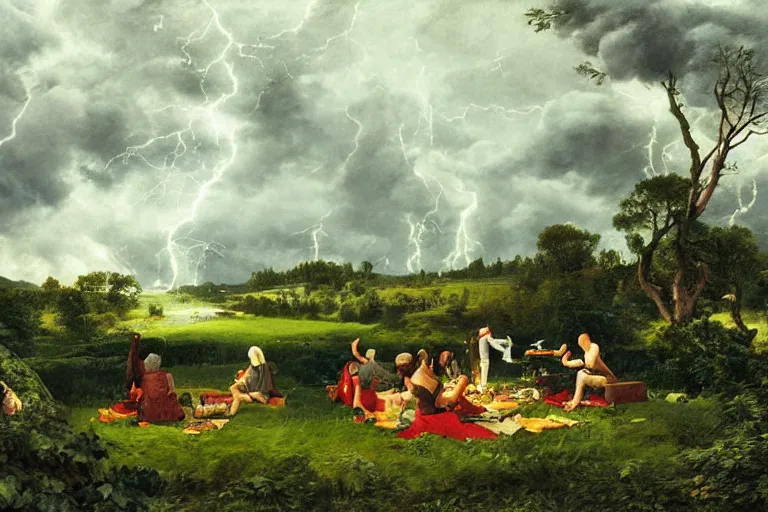 Image similar to a detailed illustration of a god ruining a picnic in the park, nightmare in the park, calamity, dark storms with lightning, ultrawide lens, aerial photography, natural disaster, 8 k, art by pierre - henri de valenciennes and caspar david friedrich and jacob gensler and eugene isabey