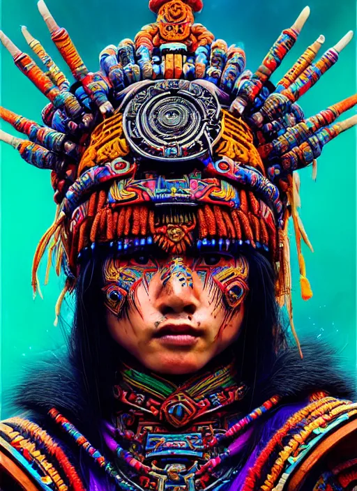 Image similar to portrait of yang yang, hyper detailed ultra sharp aztec shaman warrior. trending on artstation, warpaint aesthetic, bloodwave, colorful, psychedelic, ornate, intricate, digital painting, concept art, smooth, sharp focus, illustration, art by artgerm and greg rutkowski and h. r. giger, 8 k