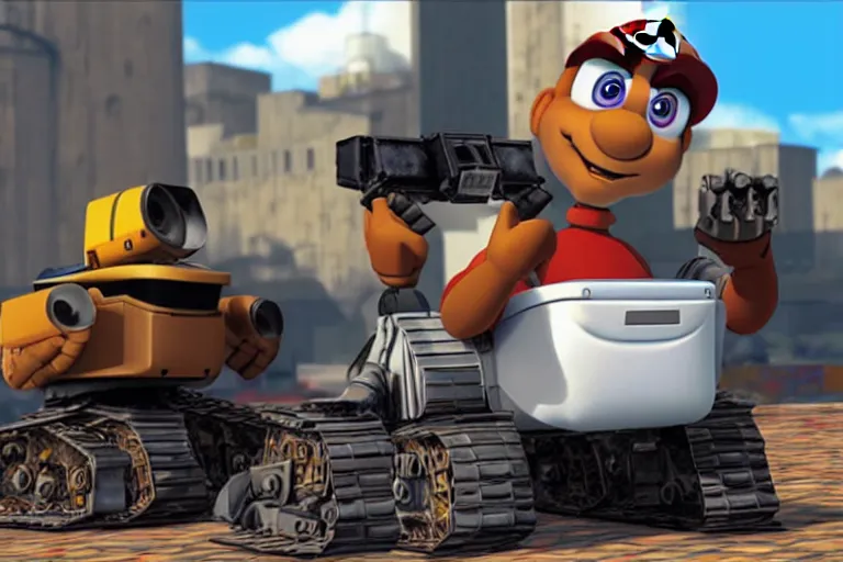 Image similar to wall - e in super mario 6 4, heavy detailed, ultra high definition quality, yakuza game engine graphics