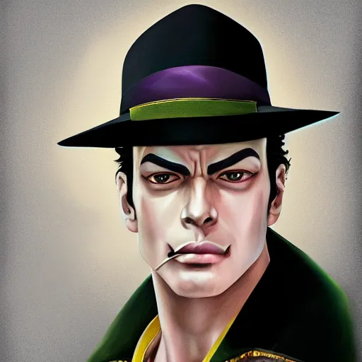 Prompt: portrait of jotaro kujo by alexey gogin, symmetrical, global illumination, sharp focus, digital painting