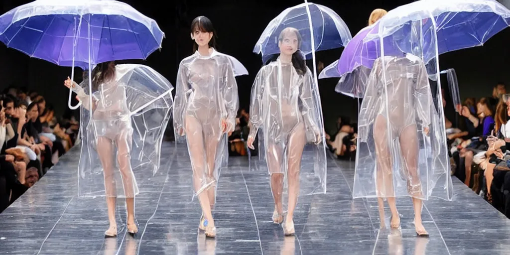 Prompt: catwalk fashion in transparent raincoats holding transparent umbrellas