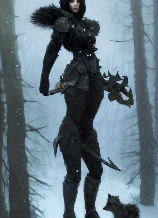 Image similar to character concept portrait of a bipedal Arctic Fox, dark fur, Paladin with in full metal armor with a sword and shield, a blizzard drifts through the forest behind her, intricate, elegant, digital painting, concept art, smooth, sharp focus, illustration, from Metal Gear, by Ruan Jia and Mandy Jurgens and William-Adolphe Bouguereau, Artgerm