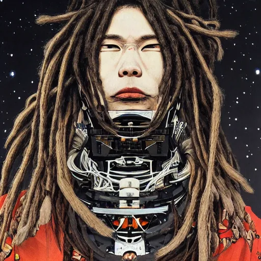 Prompt: a beautiful ukiyo painting of robot with dreadlocks, wearing space techwear, detailed symmetrical close up portrait, intricate complexity, by takato yamamoto, wlop, krenz cushart. cinematic dramatic atmosphere, sharp focus