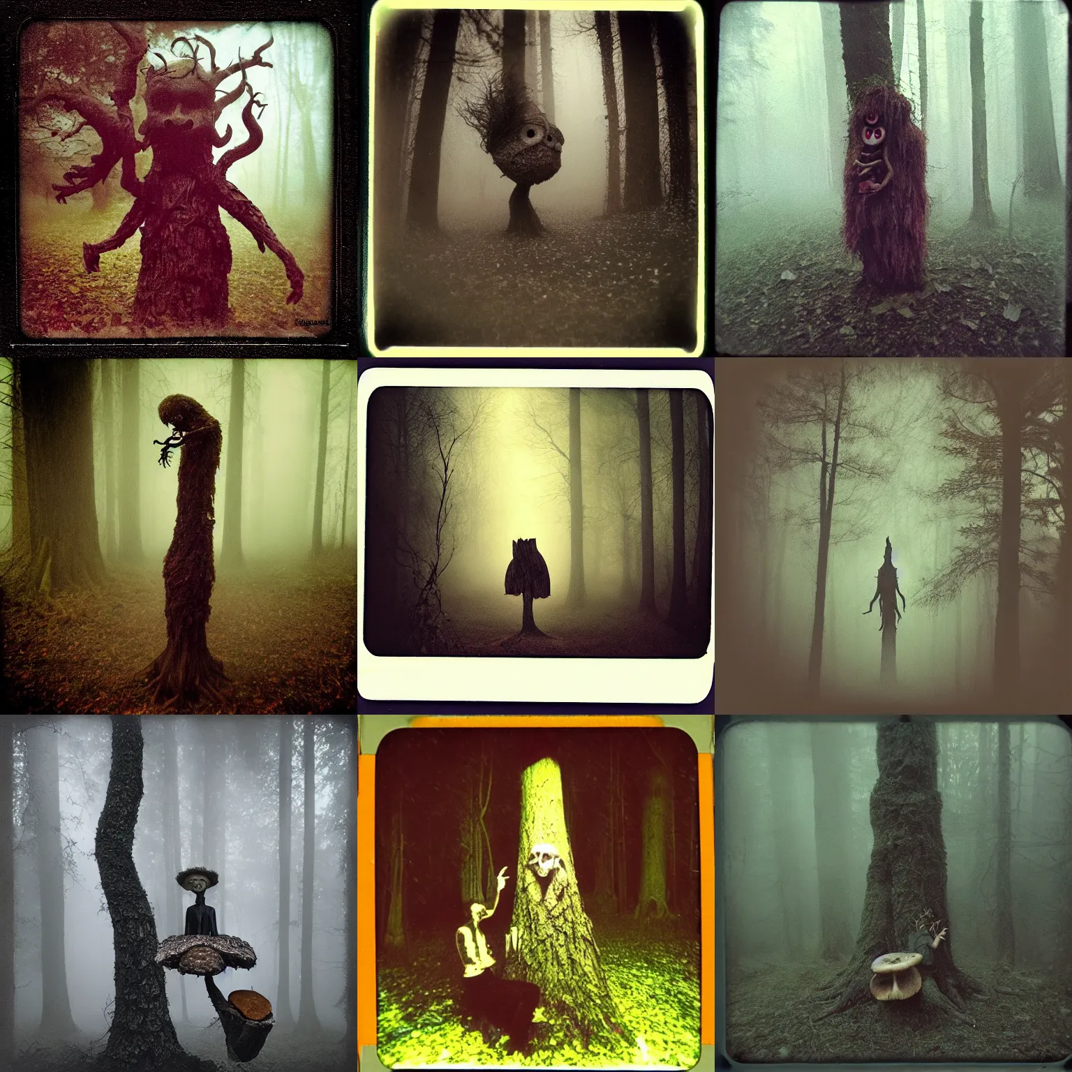 Prompt: anthropomorphic tree creature eating mushrooms, dark fantasy horror, ominous, disturbing, nightmarish, foggy, eerie mist, low quality instant camera photo, by guillermo del toro