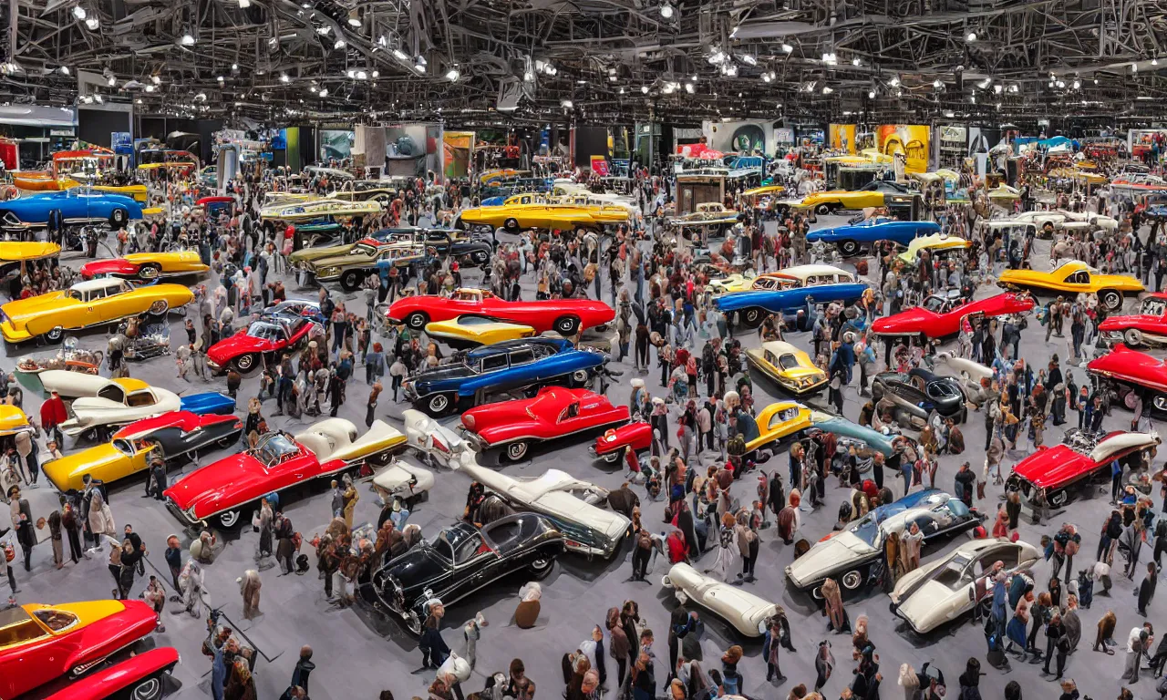 Prompt: exhibition hall full of restomods cars, plants and observing crowd people, high detail, colorful image, small features, from new movie by digital domain and weta digital, strong ambient occlusion