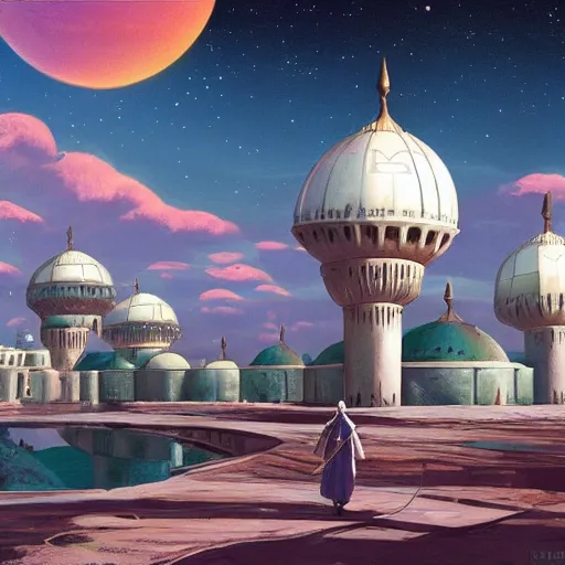 Prompt: ottoman sultanate, martian space base, minarets, studio ghibli, retrofuturism