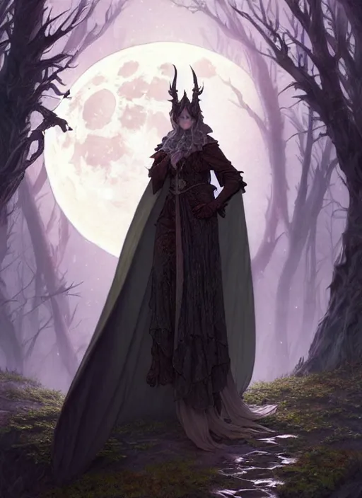 Prompt: full moon, adventurer outfit large cloak, fantasy forest landscape, dragon scales, fantasy magic, dark light night, intricate, elegant, sharp focus, illustration, highly detailed, digital painting, concept art, matte, art by WLOP and Artgerm and Greg Rutkowski and Alphonse Mucha, masterpiece