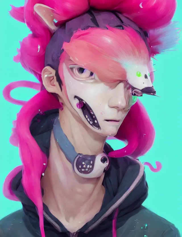 Image similar to a beautiful headshot portrait of a cute splatoon anime male with pink hair and pink wolf ears green eyes piercings wearing a hoodie. character design by cory loftis, fenghua zhong, ryohei hase, ismail inceoglu and ruan jia. artstation, volumetric light, detailed, photorealistic, fantasy, rendered in octane