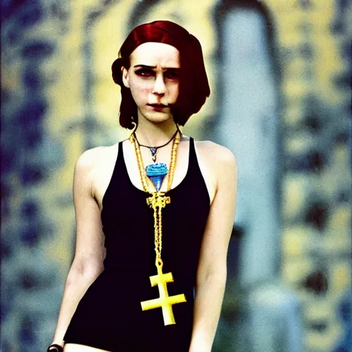 Prompt: full body shot, color slide, Kodak Ektachrome E100, studio photographic portrait of Death as a young pale, attractive girl, wears Egyptian Ankh Cross Pendant Necklace, Neo-Gothic, intricate, elegant, golden hour, gorgeous face, casual, socialist realism, punk, lifelike comic book character, member of the Endless, Nikon camera, 75mm lens, f/2.8 aperture, HD, sharp focus, rich deep moody colors, masterpiece image, highly detailed, Shutterstock, Curated Collections, Sony World Photography Awards, Pinterest, by Annie Leibovitz