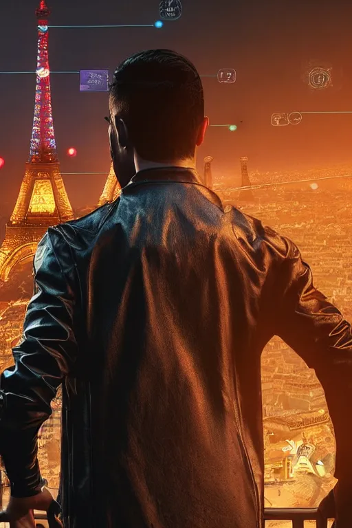 Image similar to in the foreground Paris, in the background a dark-haired man from behind playing with black flames coming out of his hands wearing a long matrix-style jacket, realistic, high definition, many details, dramatic scene, symmetrical face, realistic eyes, art of cyberpunk 2077