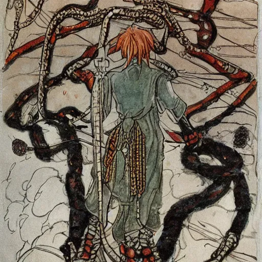 Image similar to A FULL BODY PORTRAIT FROM BEHIND OF MADARA UCHICHA ,THE MAN KEEPS A KUSARIGAMA AND IT IS WRAPPED IN CHAINS ,detailed, concept art, ink style , sketch