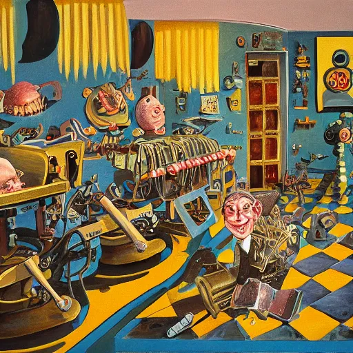 Prompt: painting of a whimsical and slightly unsettling room of a Giggle Factory, scattered errant machines, rube goldberg