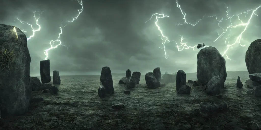 Image similar to Photorealistic strange dark monks perform a magical occult ritual, in an epic landscape with magical illuminated symbols floating above them. Magically floating rocks, with ominous storm clouds, strange levitating stones, stones falling from the sky, a gentle rising mist. occult photorealism, UHD, amazing depth, glowing, golden ratio, 3D octane cycle unreal engine 5, volumetric lighting, cinematic lighting, cgstation artstation concept art