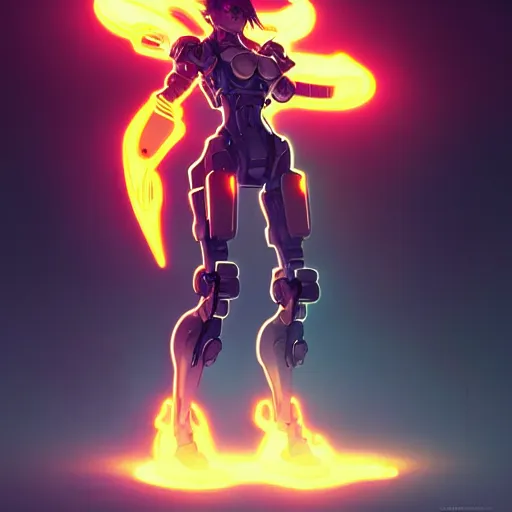 Image similar to a full body character design by artgerm, cushart krenz, ross tran, alphonse mucha. grungy industrial rectangular faceless mech robot wreathed in flame!! bold outline sharp edges. ultra clear detailed. 8 k. elegant, neon colors, dynamic angle, intricate complexity, epic composition, action pose, cinematic lighting masterpiece