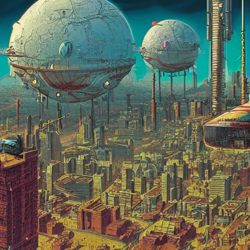 Prompt: an epic hyperdetailed matte painting of a retro vintage sci fi landscape by moebius and simon stalenhag and geoff darrow and dan mumford