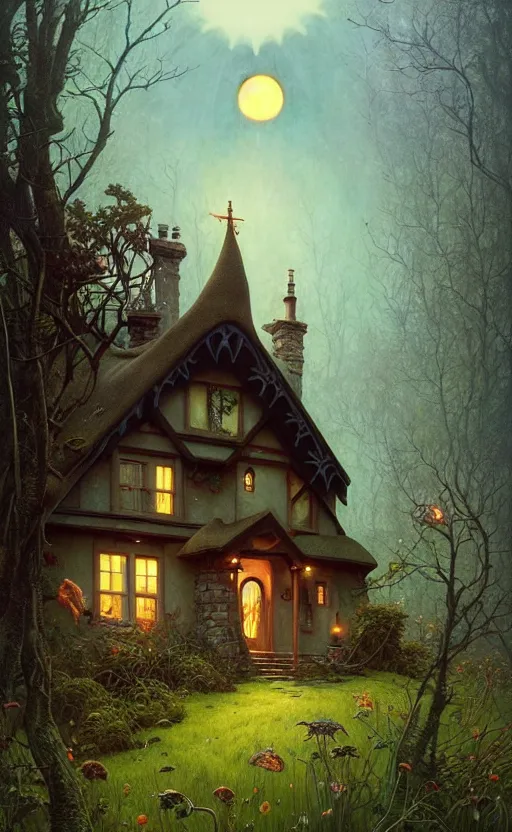 Prompt: a hyper realistic witchy cottage with solar panels on a tall hill, mountains, atmospheric lighting, lush foliage, painting by chiara bautista and tom bagshaw, mucha, beksinski and norman rockwell and greg rutkowski weta studio, and lucasfilm
