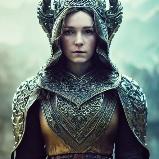 Image similar to the elder scrolls vi, charismatic regal brunette female jarl, portrait, throne room, atmospheric lighting, painted, intricate, volumetric lighting, beautiful, daytime, sunny weather, slight overcast, sharp focus, deep colours, ultra detailed, by leesha hannigan, ross tran, thierry doizon, kai carpenter, ignacio fernandez rios