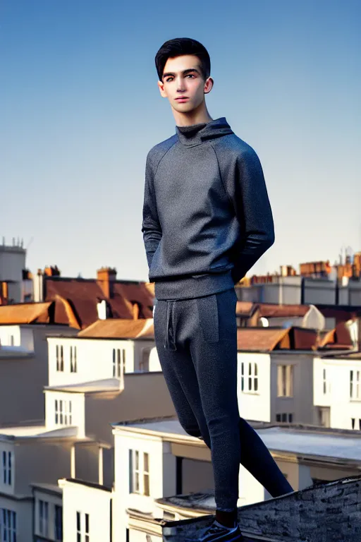 Image similar to un ultra high definition studio quality photographic art portrait of a young man standing on the rooftop of a british apartment building wearing soft padded silver pearlescent clothing. three point light. extremely detailed. golden ratio, ray tracing, volumetric light, shallow depth of field. set dressed.