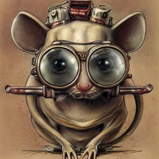 Image similar to a rat with steampunk googles, by Brian Froud