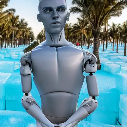 Image similar to made of ice, a realistic detailed photo of a guy who is an attractive humanoid who is half robot and half humanoid, who is a male android, on display, blank stare, showing off his muscles, shiny skin, posing like a statue, by the pool, frozen ice statue, f 1 driver max verstappen, humanoid robot