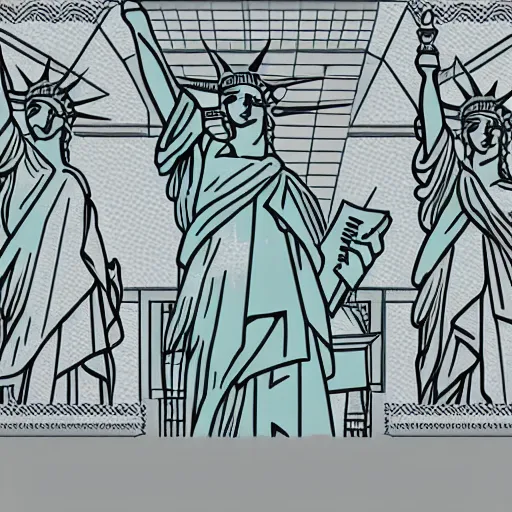 Prompt: Corporate logo of 3 Statues of Liberty, with one standing in front of the others, stacked. SVG File