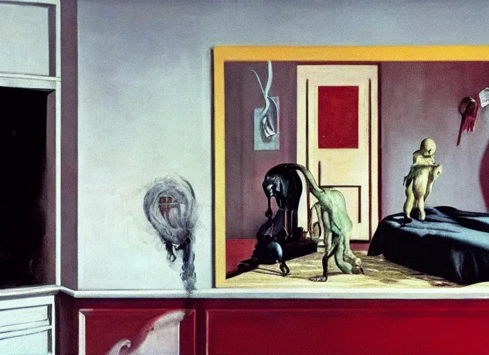Prompt: a still from home alone by giorgio de chirico, surreal, francis bacon, lucian freud, edward hopper, dark surrealism, grand theft auto video game, a still from the film alien, vibrant red background