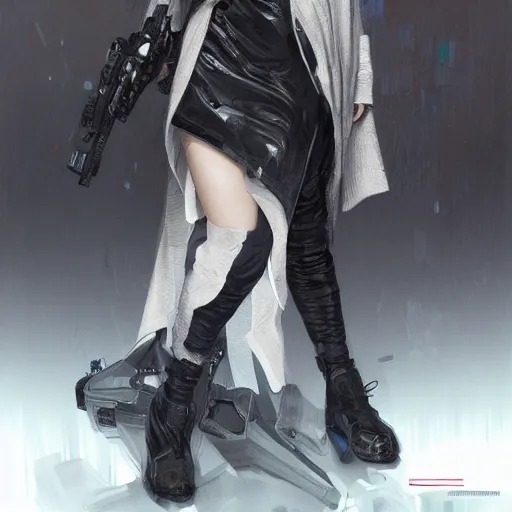 Image similar to full body long shot Korean female wearing Cuberpunk 2077 Techwear Jacket and VR goggles, intricate, elegant, highly detailed, digital painting, artstation, concept art, smooth, sharp focus, illustration, art by artgerm and greg rutkowski and alphonse mucha