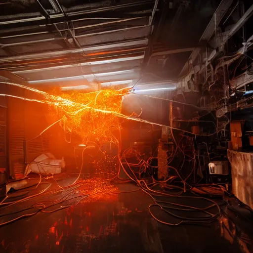 Image similar to overcharging toaster oven, tangles of metallic cables, dark messy smoke - filled cluttered workshop, dark, dramatic lighting, orange tint, sparks, plasma charges, cinematic, highly detailed, sci - fi, futuristic, movie still