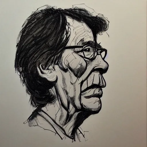 Image similar to a realistic yet scraggly portrait sketch of the side profile of a stern and sophisticated stephen king, trending on artstation, intricate details, in the style of frank auerbach, in the style of sergio aragones, in the style of martin ansin, in the style of david aja, in the style of mattias adolfsson