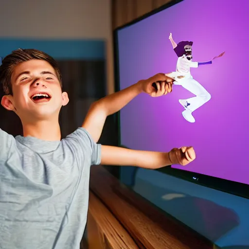 Image similar to a young man with brown hair reads a message on his TV and is super happy, and dancing on the ceiling, because he gets free Xbox game upgrades on his computer, realistic photo