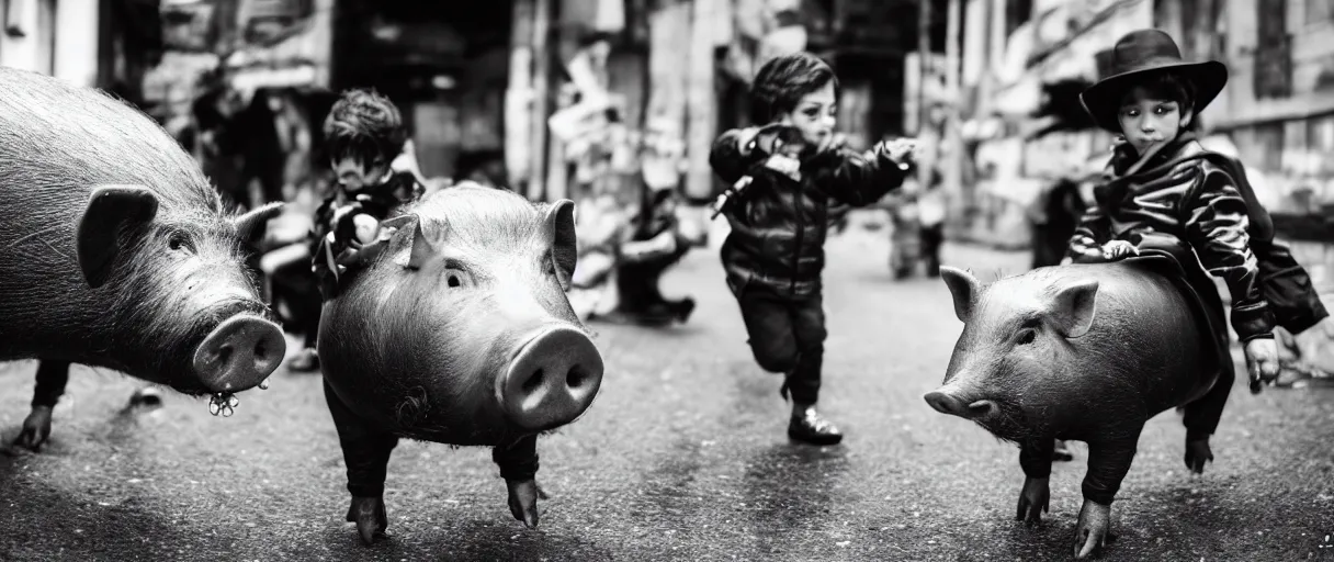 Prompt: cyberpunk boy child boy wearing gold crown riding large pig in black and white