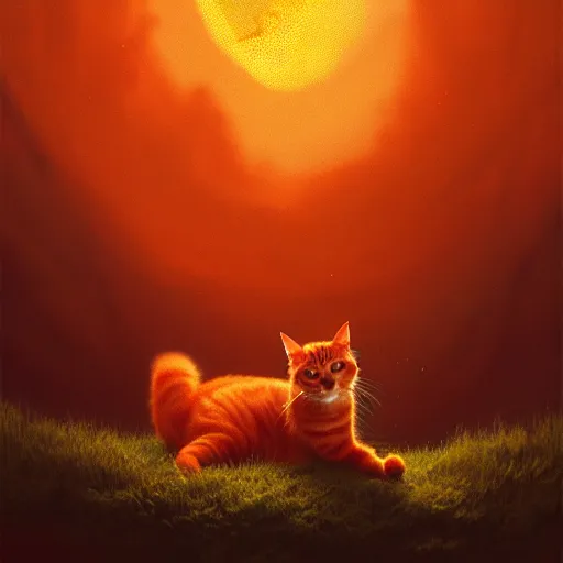 Prompt: A fuzzy orange cat sitting on planet earth, atmospheric lighting, painted, intricate, volumetric lighting, beautiful, rich deep colours masterpiece, golden hour, sharp focus, ultra detailed, by Leesha Hannigan, Ross Tran, Thierry Doizon, Kai Carpenter, Ignacio Fernández Ríos