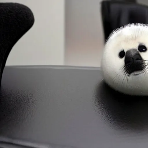 Image similar to a baby harp seal with black fur looking at plans for a nuclear bomb, sitting inside an office at a luxury resort in florida, ap news