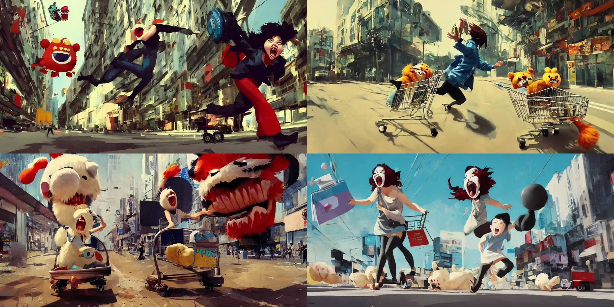 Prompt: incredible screenshot of a screaming woman pushing a shopping trolly, chased by a big fluffy japanese mascot, dynamic camera angle, deep 3 point perspective, fish eye, dynamic scene, by phil hale, ashley wood, geoff darrow, james jean, 8k, hd, high resolution print