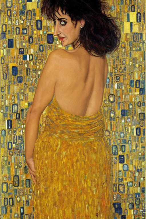 Prompt: oil painting, portrait of penelope cruz, artwork by gustav klimt