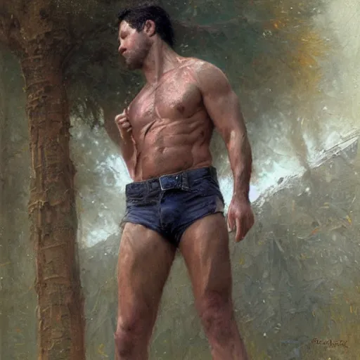 Image similar to Paul Rudd with a shredded body type, painting by Gaston Bussiere Craig Mullins